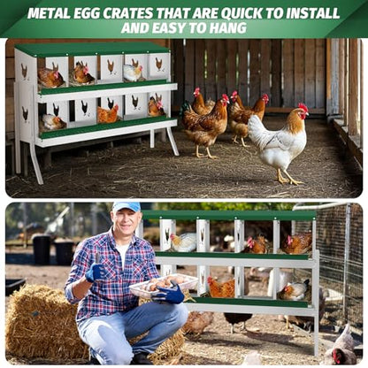 IDEALHOUSE Chicken Nesting Box, Galvanized Steel Laying Box with Rustproof & Roll-Away Egg Design, for Hens, Green 10 Compartment with Bracket - color: Green, size: 10 compartments (with bracket)