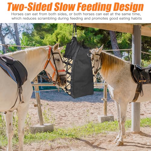 Ultra-Slow Feed Hay Bags for Horses,Two-Sided Premium Oxford Hay Bags with Large Opening,Top with Hook-and-Loop Closure,Adjustable Dual-Purpose Strap for Easy Hanging (Black, Large 2 Pack) - size: Large 2 Pack