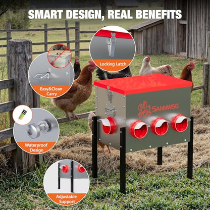 Sannwsg Chicken Feeders,68 lb Capacity 8 Port Automatic Chicken Feeder, Metal Chick Feeder with Locking Lid and Legs, Chicken Feeder for Chickens, Ducks, Geese - size: 8 Ports (3+3+2)