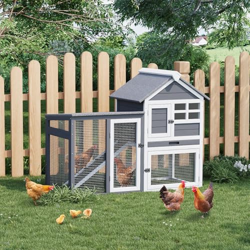 2-Story Rabbit Hutch, Small Wooden Chicken Coop, with Waterproof Roof, Pull Out Tray and Anti-Slip Ramp, Bunny Cage for Indoor Outdoor (45.28" L x 20.08" W x 36.61" H)