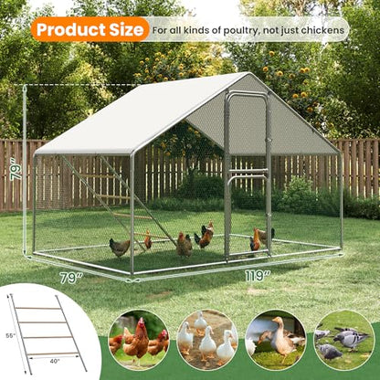 Metal Chicken Coops Walk-in Chicken Run with Waterproof Hardware Cloth Cover Poultry Cage with Split Double Door - color: Silver, size: 6.5'L × 9.8'W × 6.5'H