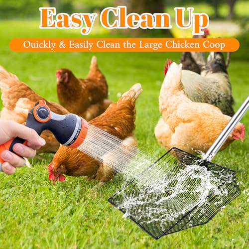 15 Inch Extra Large Chicken Poop Scooper, 37" to 76" Long Stainless Steel Chicken Litter Scoop with Handle and Gloves, Sifting Shovel Pooper Rake Waste Cleaning Tool for Chicken Coop Goat Stall Stable