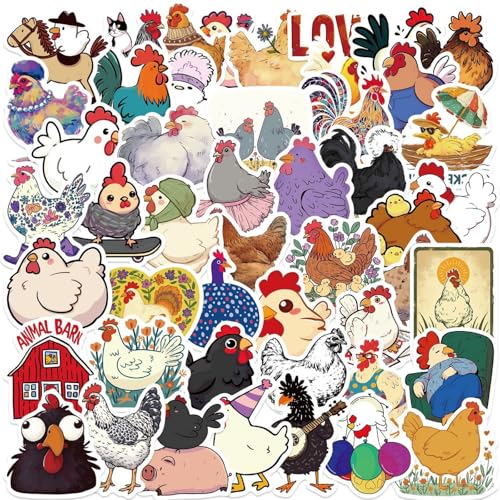 50Pcs Chicken Stickers, Coloring Chicken Vinyl Waterproof Decals Pack Cute Cartoon for Water Bottle Laptop Phone Skateboard Scrapbooking Bumper Sticker for Party Supply Decor Favor Gift (Chicken) - color: Chicken