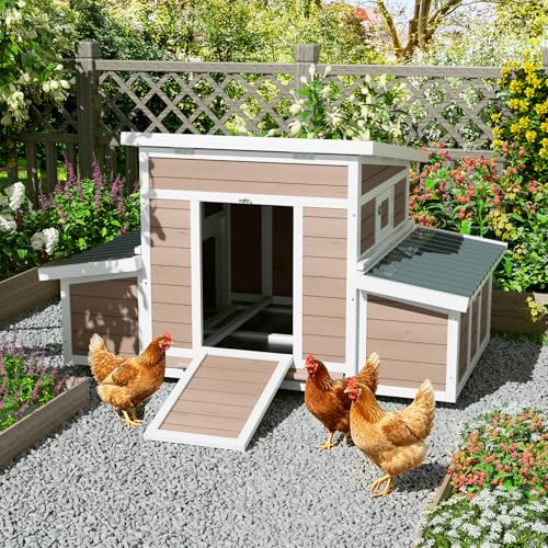 Chicken Coop, Large Wooden Chicken House with Waterproof Roof & Pull-Out Tray, Outdoor Chicken Hutch with 6 Nesting Boxes, Duck Coop Hen House for 4-6 Chicken, Khaki - color: Khaki