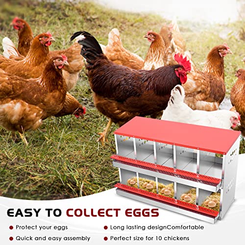 Nesting Box for Chickens, Roll Away Chicken Nesting Boxes with Easy Egg Collection Heavy Duty Metal Laying Box for Hens - 10 Compartment