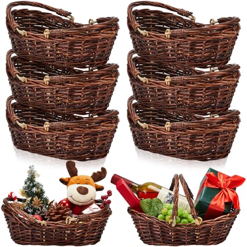 Sintuff 6 Pcs Wicker Picnic Basket with Handle Garden Harvest Empty Easter Eggs and Candy Basket Willow Woven Storage for Organizing, Picnics, Fruit Egg Storage Gathering Wedding Gifts (Dark Brown) - color: Dark Brown