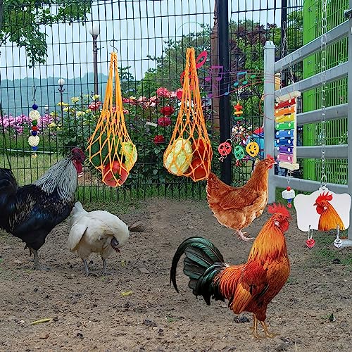12PCS Longer Chain Chicken Toys for Coop Accessories,Xylophone Swing Flexible Ladder String Bag Vegetable Fruits Skewer Mirror Grinding Stone Pecking for Hens Bird Parrot