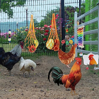 12PCS Longer Chain Chicken Toys for Coop Accessories,Xylophone Swing Flexible Ladder String Bag Vegetable Fruits Skewer Mirror Grinding Stone Pecking for Hens Bird Parrot