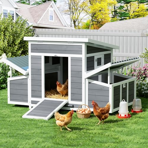 Chicken Coop, Large Wooden Chicken House with Waterproof Roof & Pull-Out Tray, Outdoor Chicken Hutch with 6 Nesting Boxes, Duck Coop Hen House for 4-6 Chicken, Grey - color: Grey