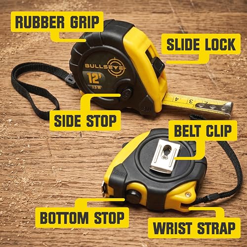 Bullseye Tape Measure 12 Foot 3-Pack | Yellow | Small, Retractable Measuring Tapes with Pause Buttons | Easy-to-Read Standard and Metric Measurements for Adults and Kids | Inches and Centimeters - color: Yellow