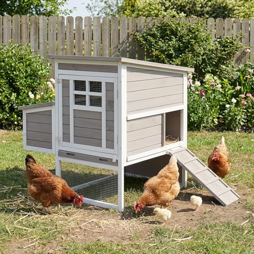 Ketive Outdoor Chicken Coop for 2–4 Chickens, Elevated 2-Tier Hen House with 3-Compartment Nesting Box, Slide-Out Tray, Reinforced L-Shaped Frame, Expandable Run Connection, Backyard Poultry Coop - color: Grey, size: 39.1"L x 32.7"W x 39.4"H