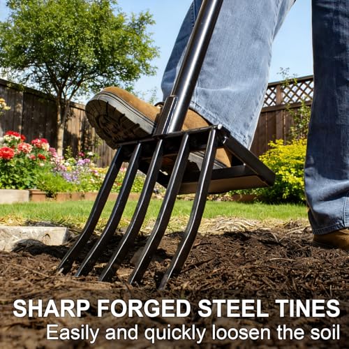 VNIMTI Heavy Duty Pitch Fork, 45-Inch Garden Fork with Strong Steel Tines, Long Handle Pitchfork for Gardening