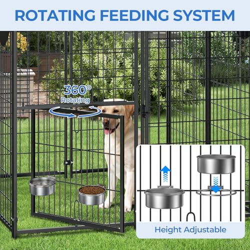 4x4x4.5ft Outdoor Dog Kennel, Metal Heavy Duty Dog Run with Rotating Door & 2 Adjustable Bowls, Dog Kennel Outside with Waterproof Cover, Pet Enclosure Indoor for Small/Medium/Large Dogs