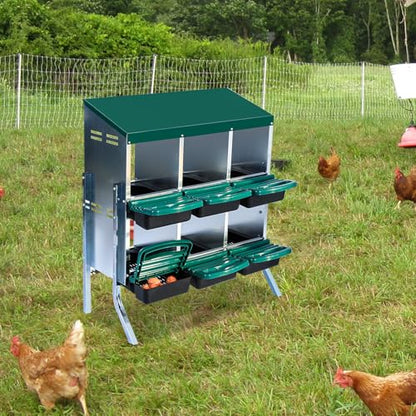 Chicken Nesting Boxes 6 Compartments Chicken Laying Boxes Roll Away Egg Collection Metal Poultry Nest Box with Perch and Lid Cover Free Standing Egg Laying Boxes for Hens Chicken - color: Green, size: 6 holes with legs