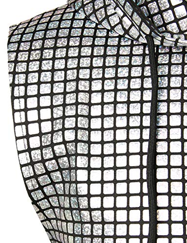 ZEROYAA Mens Shiny Metallic Zip Up Sleeveless Hooded Vest T Shirt with Kangaroo Pocket - color: Silver Sequin, size: Large