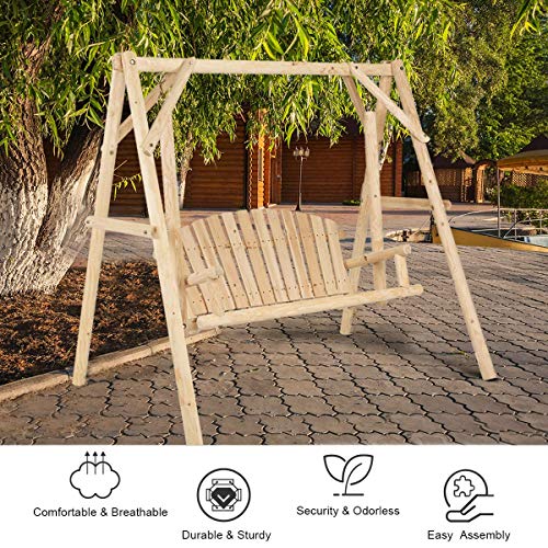 Tangkula A-Frame Wood Log Swing Bench, Outdoor Rustic Curved Back Swing Chair for Patio Garden Yard