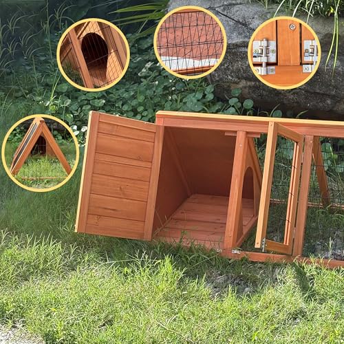 Wooden Chicken Coop, Quail Cage,Small Rabbit Hutch Cage Hybrid - A-Frame Design with Water-Resistant Slanted Roof &Ventilated Wire Run - TenaoVilleux (Natural Wood) - color: Natural Wood