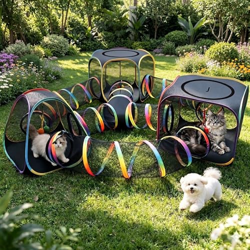 CypherX Outdoor Rainbow Cat Enclosure, 7-in-1 Portable Pop Up Cat Tents and Tunnels for Outside, Outdoor Catio Mesh Pet Playpen House, Large Playground for Large Cats and Other Animals - size: 7 in 1 Kingdom(18"W)