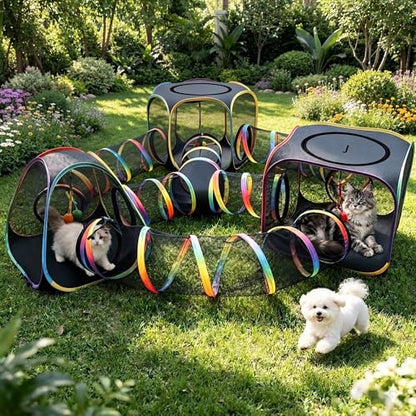 CypherX Outdoor Rainbow Cat Enclosure, 7-in-1 Portable Pop Up Cat Tents and Tunnels for Outside, Outdoor Catio Mesh Pet Playpen House, Large Playground for Large Cats and Other Animals - size: 7 in 1 Kingdom(18"W)