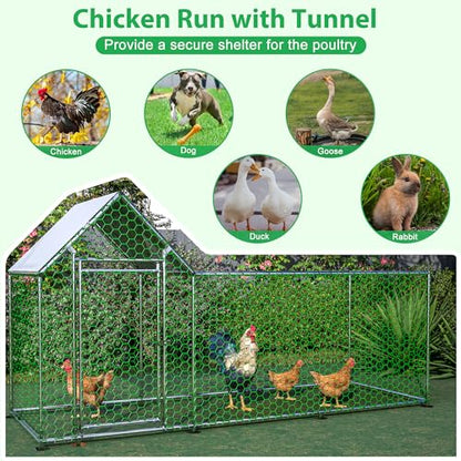 Large Walk-in Chicken Coop, Heavy Duty Metal Chicken Run for Backyard, Outdoor Poultry Habitat with Waterproof UV Cover for Duck Rabbit, Predator-Proof Lockable Door (10' L x 3.5' W x 5' H)