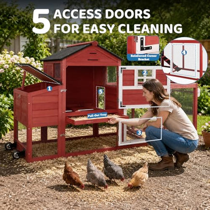 Chicken Coop with Wheels for 4-6 Chickens, Mobile Hen House with Run, Outdoor Chicken Coop, Ventilated Window, Easy-Clean Nesting Box, Weatherproof Asphalt Roof, 82.7” L x 25.6” W x 44.1” H, Red - color: Red