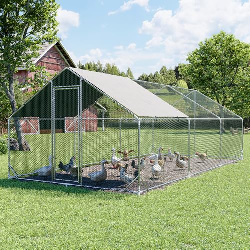 Large Metal Chicken Coop Walk-in Poultry Cage Hen Run House Habitat Spire Shaped Cage with Waterproof and Anti-Ultraviolet Cover for Outdoor Backyard Farm Use (19.68’ L×9.84’ W) - size: 19.68’L x 9.84’W