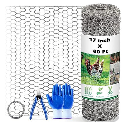 Chicken Wire Fencing Mesh, 17 Inch x 60 Feet Metal Floral Chicken Wire Fence for Crafts Poultry Garden, 0.6 Inch Hexagonal Galvanized Hardware Cloth Netting for Chicken Coop Barrier Rabbit Cage - size: 17in x 60ft