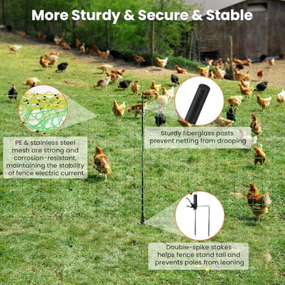 Electric Poultry Netting, 47.2" H x 164'L Electric Chicken Fence for Chickens, Ducks,Turkeys, Sheep, Geese, Portable Poultry Nets Fence kit for the Yard,Backyards,Farms,Ranches, Energizer Not Included