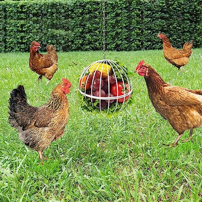 Hanging Chicken Feeder - 7.1 Inch Large Iron Chicken Veggie Treat Ball - Sturdy Chicken Treat Holder with 15.7 Inch Hanging Chain - White - color: White