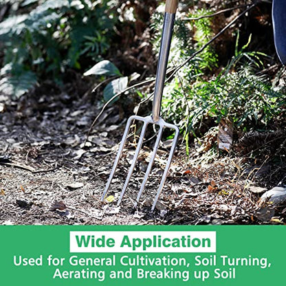 Berry&Bird Gardening Digging Fork, 4-Tine Stainless Steel Pitchfork, 43.9" Heavy Duty Spading Fork with D-Grip Handle and Ergonomic Ash Wood Handle for Digging, Planting, Cultivating, Aerating - size: 44in