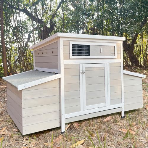 Chicken Coop, 58" Wooden Chicken Coop with 2 Sides Large Nesting Boxes for 4-6 Chickens, Poultry Hutch Rabbit Cage with No-Slip Ramp & Pull-Out Tray for Outdoor Farm Yard (White Grey) - color: White Grey