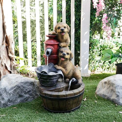 Alpine Corporation GXT986 26" Tall Outdoor Barrel Fountain with Playful Puppies, Cascading Garden Water Feature for Patio, Lawn, or Yard Decor, Brown - style: Barrel with Playful Puppies