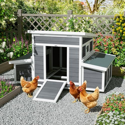Chicken Coop, Large Wooden Chicken House with Waterproof Roof & Pull-Out Tray, Outdoor Chicken Hutch with 6 Nesting Boxes, Duck Coop Hen House for 4-6 Chicken, Grey - color: Grey