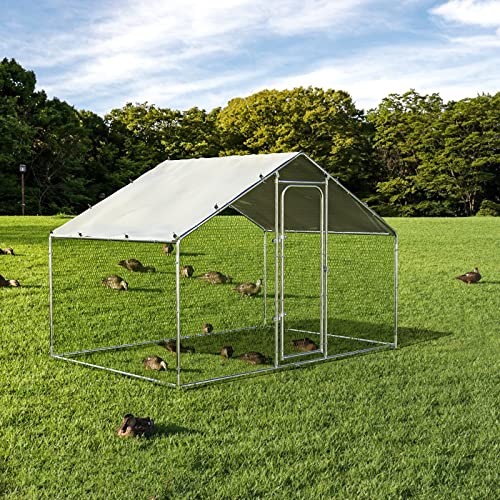 ORANLAND Large Metal Chicken Coop, 5.0x9.9x6.6ft Walk-in Chicken Runs with Cover, Spire Roof Chicken Pen with Security Lock, Outdoor Duck Rabbit Cage Poultry Pen for Backyard, Farm, Yard - size: 59.1"L x 119.0"W x 77.0"H