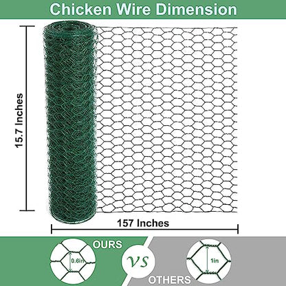 Mklsit Chicken Wire for Floral Arrangements, 15.7 x 157 Inches Green Mesh, 0.6 Inch Hexagonal Galvanized PVC Coated Netting Fence for Crafts, Poultry, Garden - size: 15.7 x 157 Inches