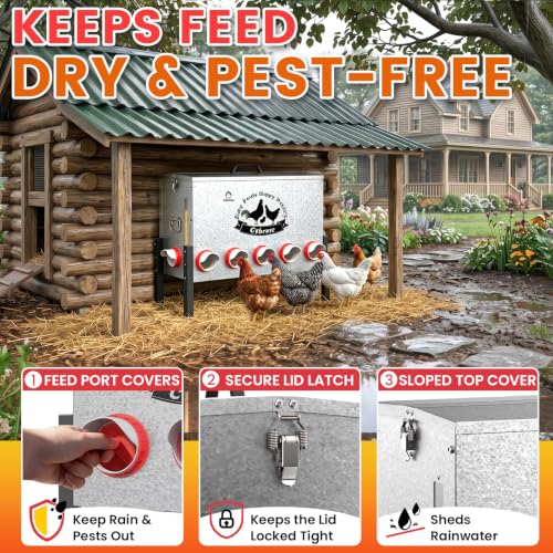 21Gal Large Automatic Chicken Feeder - 12 Port No Waste Poultry Feeder, Rust-Proof Alloy Steel with Locking Lid & Adjustable Legs for Chickens, Ducks, Geese, Poultry - size: 21GAL-110LB