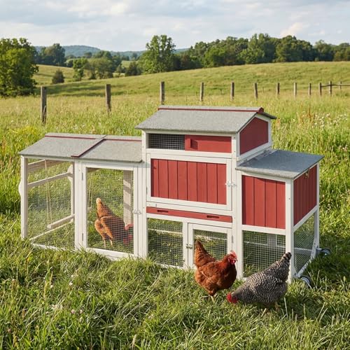 Ketive Mobile Wooden Chicken Coop for 2–4 Chickens – Outdoor Hen House with Wheels, Waterproof Asphalt Roof, Nesting Box & Easy Clean Slide-Out Tray (Red, 77.4" L x 23.2" W x 39.2" H) - color: Red, size: 77.4"L x 23.2"W x 39.2"H