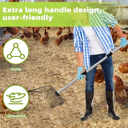 10" Upgrade and Reinforcement Stainless Steel Manure Scoop w/4-in-1 Adjustable Handle (36.6"-62"), Ergonomic Sifter Shovel for Chicken Coop, Cat Litter, Pet Waste Cleaning Tools