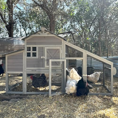 Aivituvin Chicken Coop Mobile Chicken House on Wheels Expandable Wooden Poultry Cage with Large Nesting Box Leakproof Pull-Out Tray Rabbit Hutch Bunny Cage,UV-Resistant Roof (Grey，AIR32) - size: 73.4"L x 27.9"W x 43.2"H
