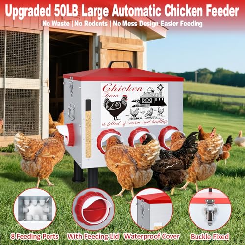 50Lb Automatic Chicken Feeder with Window 10 Port No Waste Rust-Proof Galvanized Steel with Locking Lid & Adjustable Height Legs Waterproof Portable Poultry Feeder for Chickens,Ducks,Geese - size: 50LB