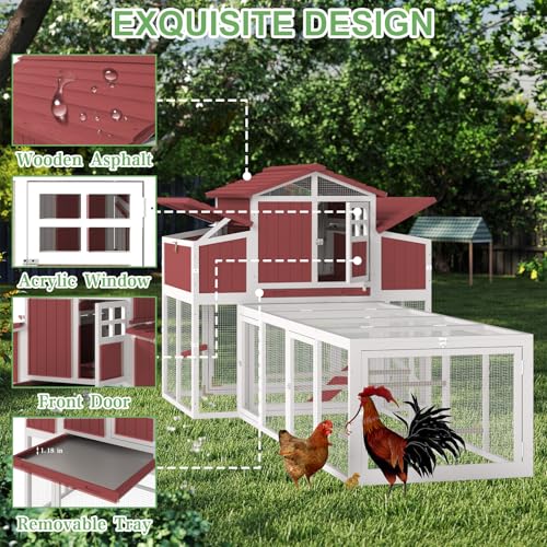 Gowoodhut 115.36" L 2-Story Chicken Coop with Extra Run Cage,Chicken House Hen House with 2 Large Nesting Boxes,Expandable Poultry Cage for 4-6 Chicken with 4 Perching Bars,Pull-Out Tray,Ramps(RED) - size: PET85+Extra Run Cage-Red