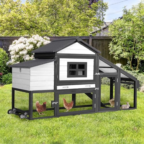 Mobile Chicken Coop for 2-4 Chickens with Wheels, Outdoor Hen House with Leak-Proof Tray, UV-Resistant Roof & Nesting Box for Chickens, Ducks, Rabbits (Black) - color: Black