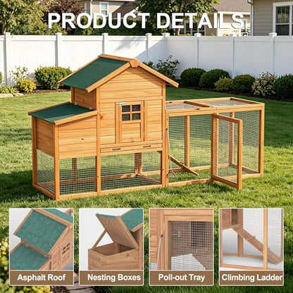 80" Chicken Coop with Expandable Run, Outdoor Chicken House for 4 Chickens, Wooden Hen House with Run, Nesting Box, Pull Out Tray, Chicken Cage - size: 78.0"L x 27.0"W x 45.0"H