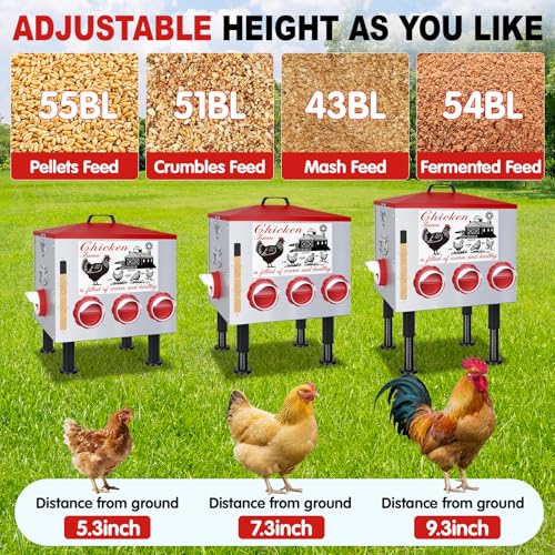 50Lb Automatic Chicken Feeder with Window 10 Port No Waste Rust-Proof Galvanized Steel with Locking Lid & Adjustable Height Legs Waterproof Portable Poultry Feeder for Chickens,Ducks,Geese - size: 50LB