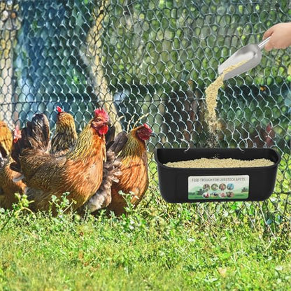 10 Pack Fence Feed Feeder 4.5 Quart Hanging Chicken Feeder Trough with Brush & Scoop Black Goat Hanging Fence Feeders Feeder with Hooks Screws & Zip Tie for Livestock Feeding Container Goats Supplies - color: Black, size: 10 Pack