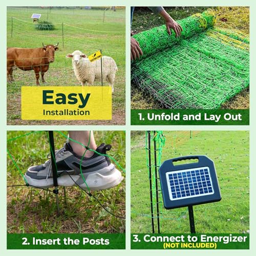 Electric Fence Netting, 164'L x 49.6" H, Portable Electric Fence for Livestock, Goat, Cattle, Sheep, PE Net Fencing Kit for Backyards, Ranches, Farms, Patio, Goat Fencing with 14 Posts Double Spiked