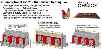 Hen's Choice™ - Roll Out Nest Box for Chickens | Roll Away Nest Box | 3 Compartment 36" | Heavy Duty Galvanized - size: Large 36"