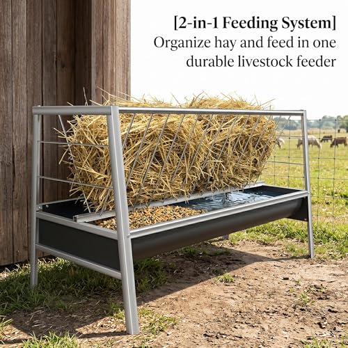 Livestock Feeder, Stainless Steel Goat Feeder for Goats Sheep Horses and Calves, 77 Gallon Hay Feeder with Rubber Trough Livestock Feeder