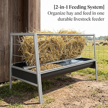 Livestock Feeder, Stainless Steel Goat Feeder for Goats Sheep Horses and Calves, 77 Gallon Hay Feeder with Rubber Trough Livestock Feeder