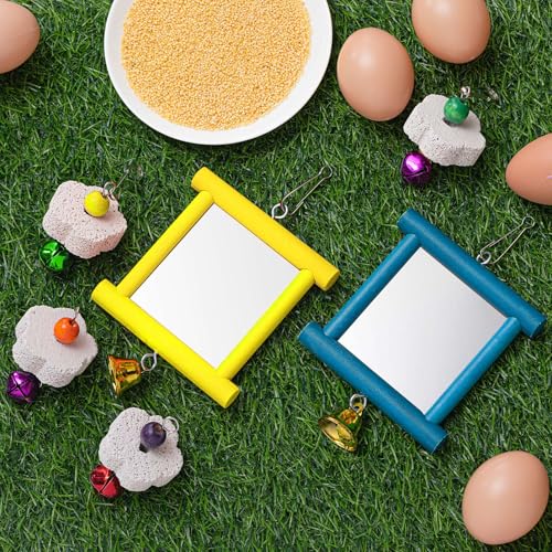 Sumind 2 Pieces Chicken Mirror Toys Hanging Swing Mirror with Bell Wooden Pecking Toy and 4 Pieces Beak Grinding Molar Stones for Hens Birds Parrots(Blue, Yellow) - color: Blue, Yellow